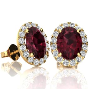 3 1/4 Carat Oval Shape Garnet and Halo Diamond Stud Earrings In 14 Karat Yellow Gold