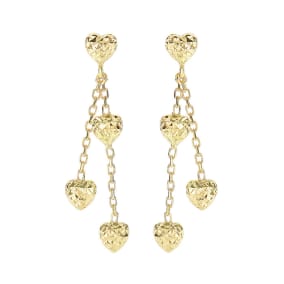 14 Karat Yellow Gold 1.25 inch Heart & Chain Dangle Earrings