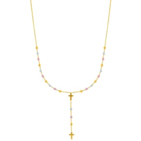 14 Karat Yellow, White & Rose Gold 17 inch Beaded Lariat Rosary & Cross Necklace