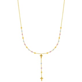 14 Karat Yellow, White & Rose Gold 17 inch Beaded Lariat Rosary & Cross Necklace