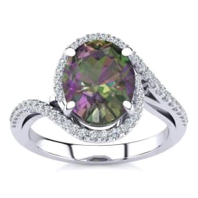 2-1/2 Carat Oval Shape Mystic Topaz Ring With Curving Diamond Halo In 14 Karat White Gold