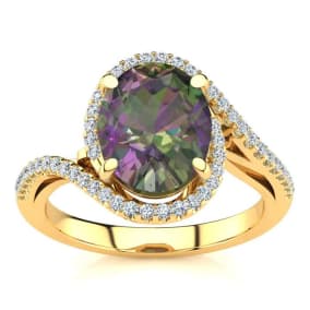 2-1/2 Carat Oval Shape Mystic Topaz Ring With Curving Diamond Halo In 14 Karat Yellow Gold