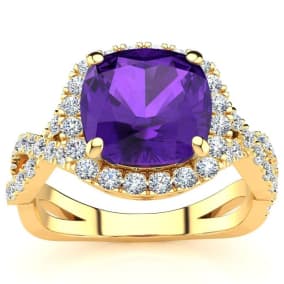 2 1/2 Carat Cushion Cut Amethyst and Halo Diamond Ring With Fancy Band In 14 Karat Yellow Gold