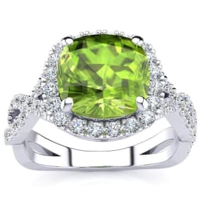 3 Carat Cushion Cut Peridot and Halo Diamond Ring With Fancy Band In 14 Karat White Gold