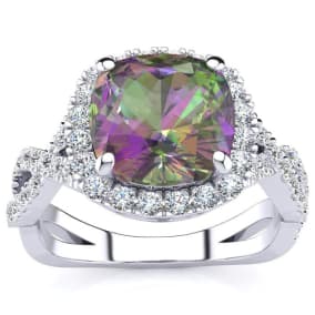 2-1/2 Carat Cushion Shape Mystic Topaz Ring With Diamond Halo In 14 Karat White Gold