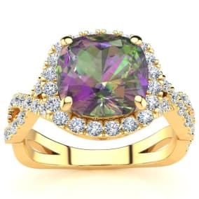 2-1/2 Carat Cushion Shape Mystic Topaz Ring With Diamond Halo In 14 Karat Yellow Gold