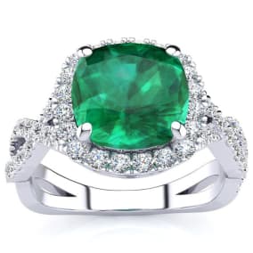 2 1/2 Carat Cushion Cut Emerald and Halo Diamond Ring With Fancy Band In 14 Karat White Gold