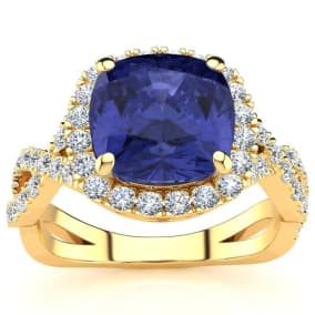 3 Carat Cushion Cut Tanzanite and Halo Diamond Ring With Fancy Band In 14 Karat Yellow Gold