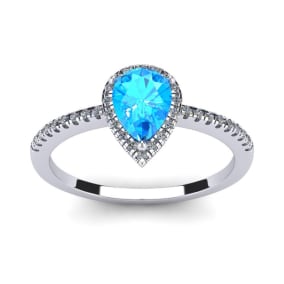 1 Carat Pear Shape Blue Topaz and Halo Diamond Ring In 14 Karat White Gold