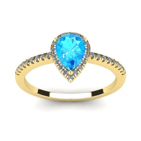 1 Carat Pear Shape Blue Topaz and Halo Diamond Ring In 14 Karat Yellow Gold