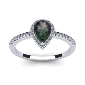 1 Carat Pear Shape Mystic Topaz Ring With Diamond Halo In 14 Karat White Gold