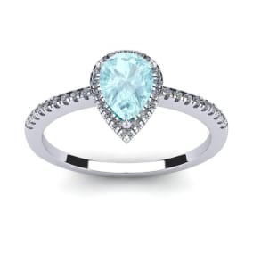 3/4 Carat Pear Shape Aquamarine and Halo Diamond Ring In 14 Karat White Gold