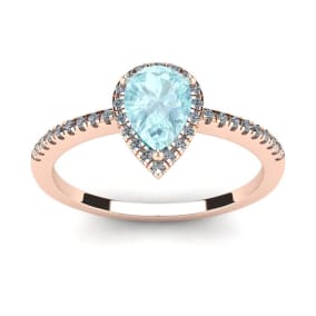 3/4 Carat Pear Shape Aquamarine and Halo Diamond Ring In 14 Karat Rose Gold