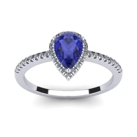 1 Carat Pear Shape Tanzanite and Halo Diamond Ring In 14 Karat White Gold