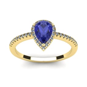 1 Carat Pear Shape Tanzanite and Halo Diamond Ring In 14 Karat Yellow Gold