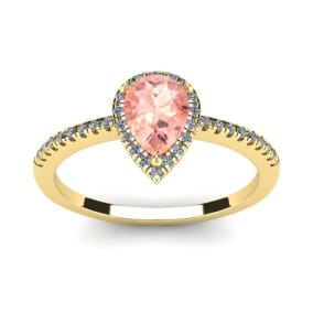 3/4 Carat Pear Shape Morganite and Halo Diamond Ring In 14 Karat Yellow Gold