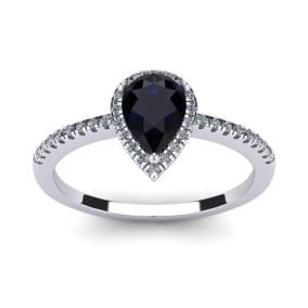 1 Carat Pear Shape Sapphire and Halo Diamond Ring In 14 Karat White Gold