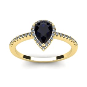 1 Carat Pear Shape Sapphire and Halo Diamond Ring In 14 Karat Yellow Gold