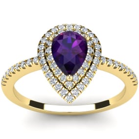 1 Carat Pear Shape Amethyst and Double Halo Diamond Ring In 14 Karat Yellow Gold