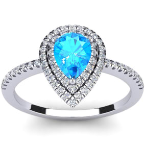 1 1/5 Carat Pear Shape Blue Topaz and Double Halo Diamond Ring In 14 Karat White Gold