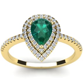 1 Carat Pear Shape Emerald and Double Halo Diamond Ring In 14 Karat Yellow Gold