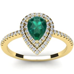 1 Carat Pear Shape Emerald and Double Halo Diamond Ring In 14 Karat Yellow Gold