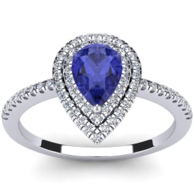 1 Carat Pear Shape Tanzanite and Double Halo Diamond Ring In 14 Karat White Gold
