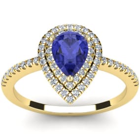 1 Carat Pear Shape Tanzanite and Double Halo Diamond Ring In 14 Karat Yellow Gold
