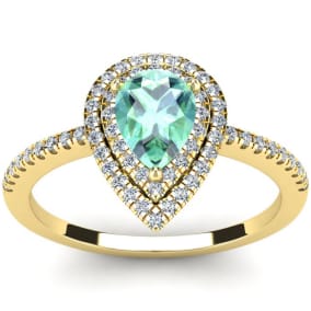 1 Carat Pear Shape Green Amethyst and Double Halo Diamond Ring In 14 Karat Yellow Gold