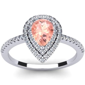 1 Carat Pear Shape Morganite and Double Halo Diamond Ring In 14 Karat White Gold