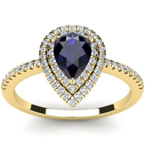 1 Carat Pear Shape Sapphire and Double Halo Diamond Ring In 14 Karat Yellow Gold