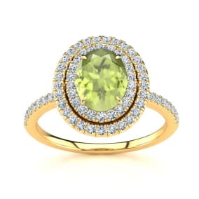 1 3/4 Carat Oval Shape Peridot and Double Halo Diamond Ring In 14 Karat Yellow Gold