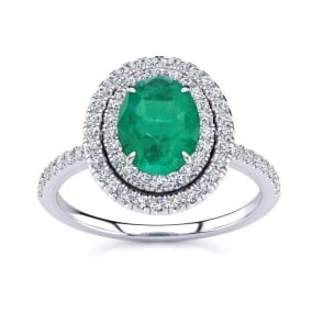 1 1/2 Carat Oval Shape Emerald and Double Halo Diamond Ring In 14 Karat White Gold