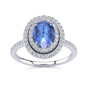 1 1/2 Carat Oval Shape Tanzanite and Double Halo Diamond Ring In 14 Karat White Gold