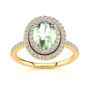 1 1/2 Carat Oval Shape Green Amethyst and Double Halo Diamond Ring In 14 Karat Yellow Gold