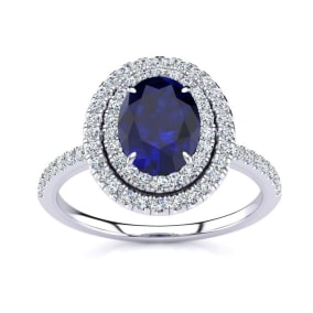 2 Carat Oval Shape Sapphire and Double Halo Diamond Ring In 14 Karat White Gold