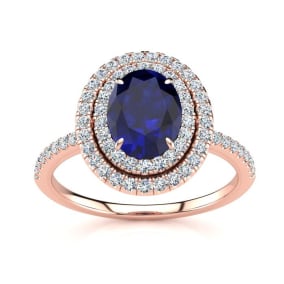 2 Carat Oval Shape Sapphire and Double Halo Diamond Ring In 14 Karat Rose Gold