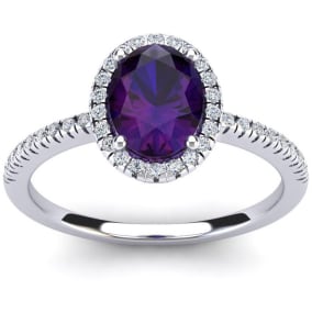 1 1/4 Carat Oval Shape Amethyst and Halo Diamond Ring In 14 Karat White Gold