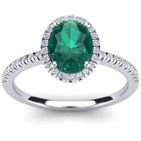 1 1/3 Carat Oval Shape Emerald and Halo Diamond Ring In 14 Karat White Gold