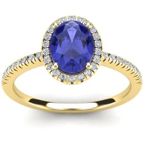 1 1/2 Carat Oval Shape Tanzanite and Halo Diamond Ring In 14 Karat Yellow Gold