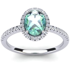 1 1/4 Carat Oval Shape Green Amethyst and Halo Diamond Ring In 14 Karat White Gold