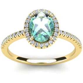 1 1/4 Carat Oval Shape Green Amethyst and Halo Diamond Ring In 14 Karat Yellow Gold