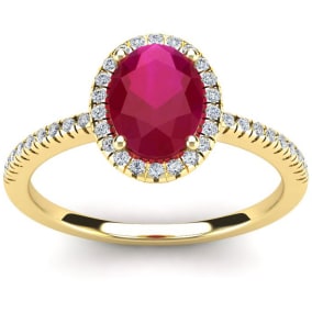 1 3/4 Carat Oval Shape Ruby and Halo Diamond Ring In 14 Karat Yellow Gold