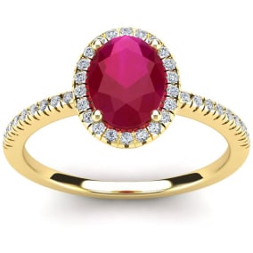 1 3/4 Carat Oval Shape Ruby and Halo Diamond Ring In 14 Karat Yellow Gold