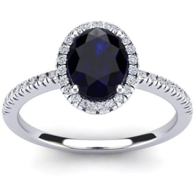 1 3/4 Carat Oval Shape Sapphire and Halo Diamond Ring In 14 Karat White Gold