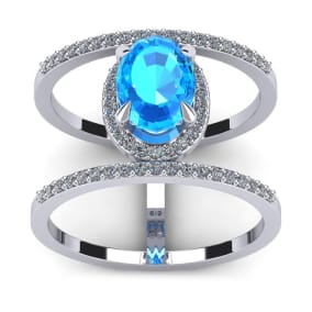 1 3/4 Carat Oval Shape Blue Topaz and Halo Diamond Spacer Ring In 14 Karat White Gold