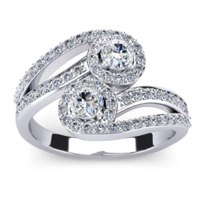 0.90 Carat Two Stone Diamond Swirl Halo Ring In 14K White Gold