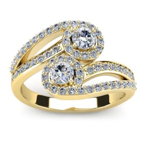 0.90 Carat Two Stone Diamond Swirl Halo Ring In 14K Yellow Gold