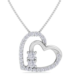 1/2 Carat Natural Two Stone Two Diamond Heart Necklace In 14K White Gold