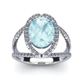 2 3/4 Carat Oval Shape Aquamarine and Halo Diamond Ring In 14 Karat White Gold